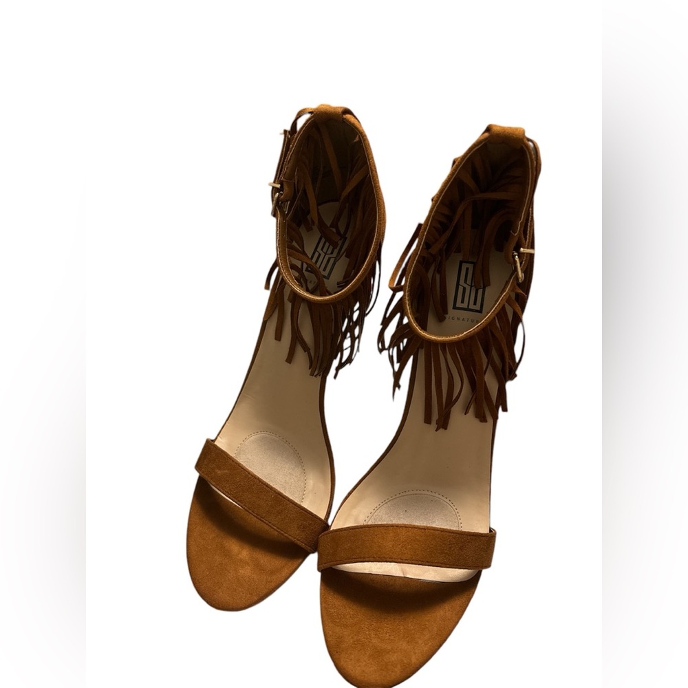 Cognac Fringe Ankle Heeled Sandals